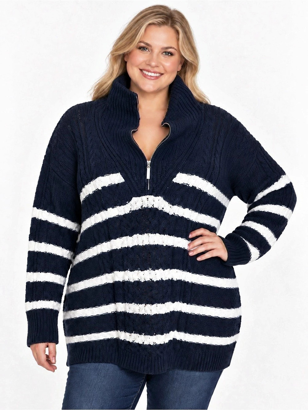 La Ligne x Target Sweater 4X Navy White Cable Knit Quarter Zip Plus Size Coastal